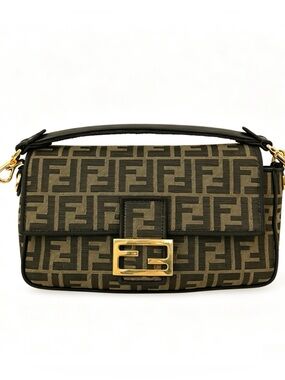 FENDI Baguette Monogram Canvas Shoulder Bag with Gold Hardware - Brown/Black